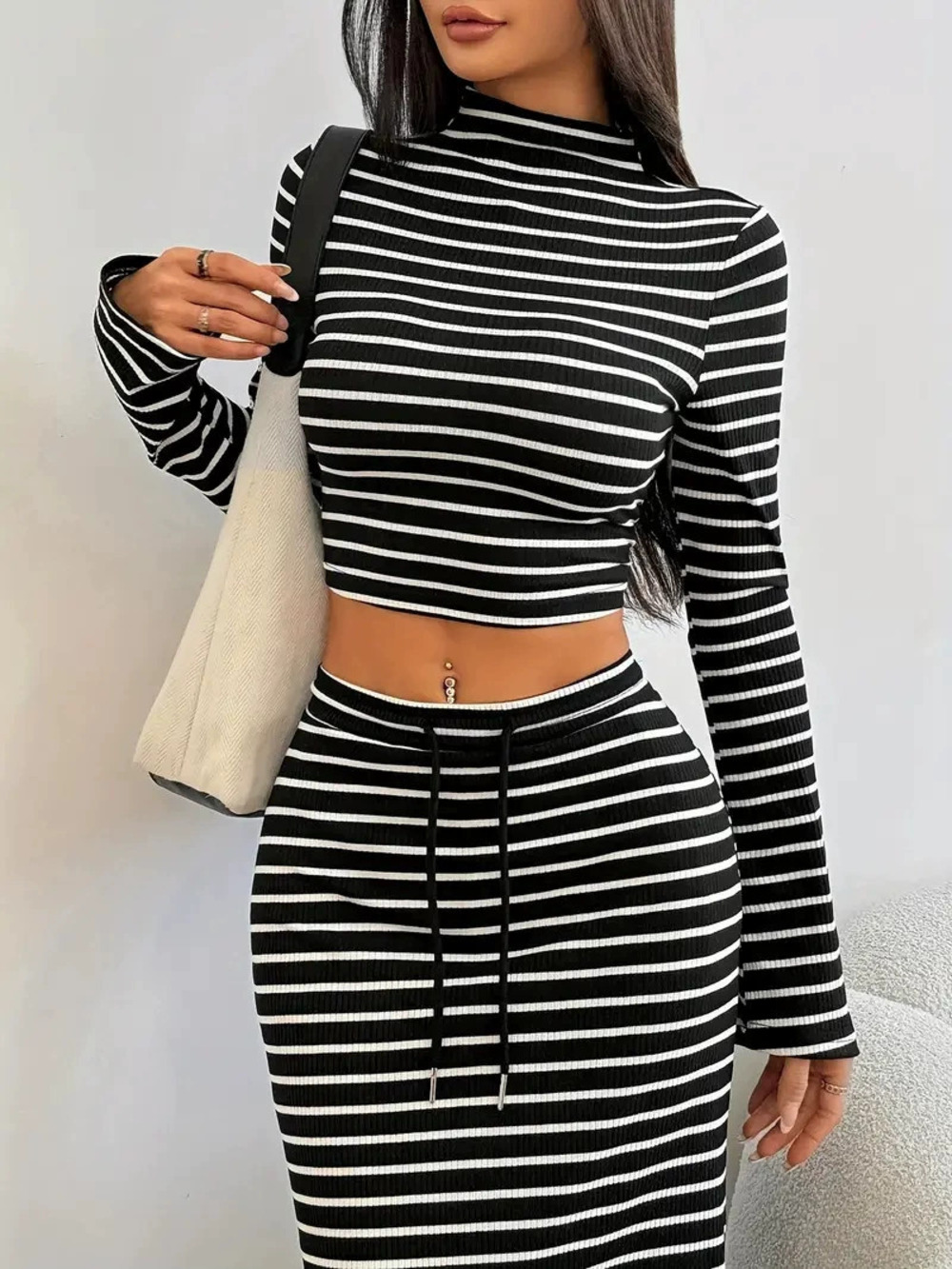 ZARA Solid Striped Set Mock Neck Long Sleeve Top Drawstring Waist Skirt - Picture 2 of 6